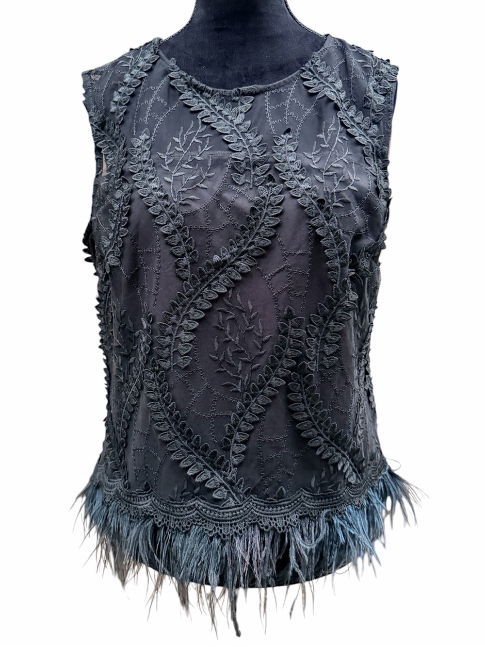 ADIVA Black Lace Sleeveless Shirt Top Feather Trim Women’s Size Medium